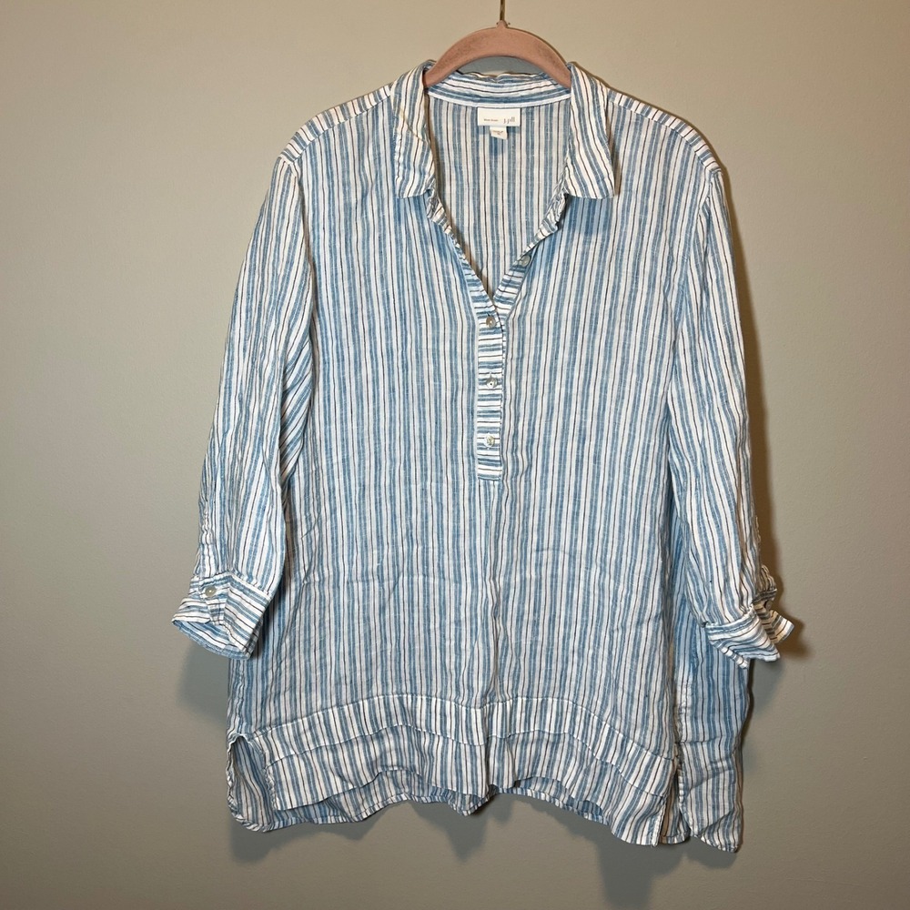 J. Jill Love Linen Blue White Striped Tunic Shirt Button Front XL 3/4 Sleeves